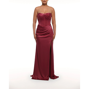 Abito <span class=keywords><strong>da</strong></span> sera in chiffon rosso senza spalline con <span class=keywords><strong>scollo</strong></span> a cuore arricciato, lunghezza fino al pavimento, abito formale personalizzabile - Product Image 1