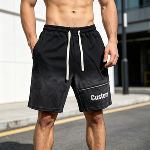 Pantalones cortos de punto casuales para hombre con logotipo personalizado, color negro sólido, lavado ácido, efecto desgastado por el sol, con cordón y bolsillo con cremallera. - Product Image 3