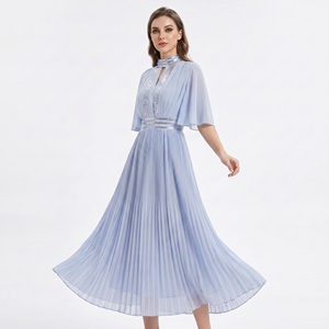 Abito da sera lungo in chiffon fatto a mano, modello pieghettato, tinta unita <span class=keywords><strong>azzurro</strong></span>, nuovo arrivo 2026, personalizzato per donne musulmane - Product Image 2