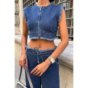 Conjunto de Mezclilla Sobe, Top Corto sin Mangas con Dobladillo Deshilachado, Pantalones de Mezclilla de Moda 100% Algodón para Mujer, Conjunto Combinado 10225 - Product Image 4