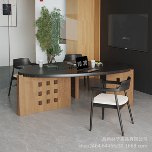Solid Wood Conference Table Curved Design Office <b>Desk</b> Chair Set Meeting Training Room Furniture - Product Image 4