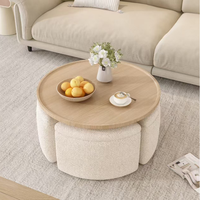 Ensemble de table basse ronde en bois Japandi avec 4 tabourets en tissu, style crème minimaliste, meubles multifonctionnels pour le salon