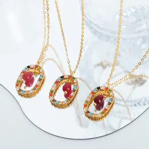 Keluaran baru kalung liontin merah Garnet berlian Ceko batu akik alami emas 18k baja Titanium