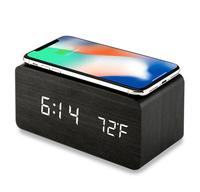Pengisi daya USB nirkabel cerdas, jam kayu LED Sensor kontrol meja bambu kalender Digital untuk penggunaan dalam ruangan untuk ruang tamu