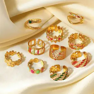Cincin Perhiasan mode tembaga antik cincin lapis emas warna-warni berongga cincin kuningan zirkon perhiasan wanita untuk wanita