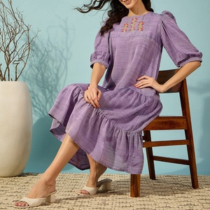 Vestido Midi de Verano Personalizable, Elegante, de Algodón y Lino, con Cuello Cuadrado, Estilo Casual, Línea A, con Volantes y Mangas Cortas para Mujer - Product Image 1