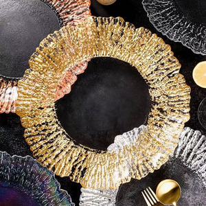 Assiettes de présentation de luxe en <span class=keywords><strong>verre</strong></span> de 13 pouces à motif tournesol, bord doré, assiettes de dîner rondes texturées pour mariage, fête, banquet - Product Image 4