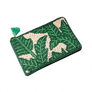 Beaded Embroidered Coin <b>Purse</b> <b>Green</b> Leaf Pattern Zipper Closure Handmade Bohemian Style Mini Unisex - Product Image 1