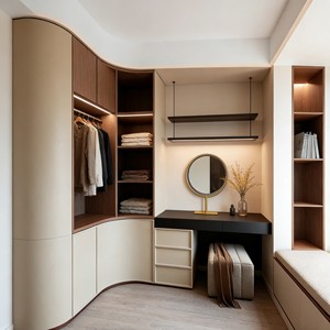 Dressing BALOM avec éclairage intégré et meuble-lavabo intégré, tons neutres et bois, configuration de garde-robe personnalisée - Product Image 5