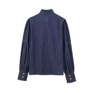 Camisa vaquera de manga larga con lazo y cuello de solapa, ajustada, estilo americano, para mujer, venta al por mayor - Product Image 3