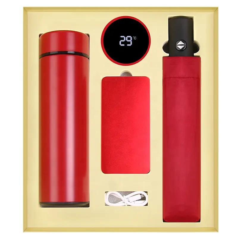 New Arrival 3-in-1 LED Display Drink Bottle Gift Set High-End Automatic Umbrella & Power Bank for Christmas Business Promotion