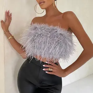 Soft Dyed Natural Ostrich Feather Boned Bodice Fluffy Fur Cropped Wraps Zipper Sleeveless Bustier Turkey Feathers Top Women
