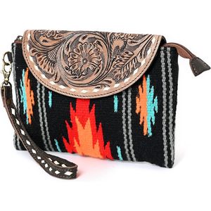 Handtooled Boho Clutch Bag for Women Tribal Aztec Cowhide Leather Saddle Blanket Embroidered Vintage Western <b>Wristlet</b> Purse - Product Image 4