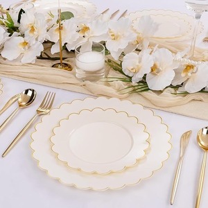 Juego de Vajilla de Plástico Dorado con Borde Festoneado, Incluye Platos para Cena y Postre, Desechables, a Prueba de Fugas, para Bodas y Fiestas - Product Image 6