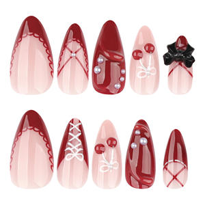 <span class=keywords><strong>Faux</strong></span> <span class=keywords><strong>ongles</strong></span> de luxe 3D cerise à presser, forme amande, French manucure, réutilisables, rouge bordeaux, avec nœuds et perles, vente en gros - Product Image 5