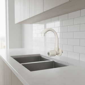 Grifo de lavabo PTMT con cuello curvo para cocina y baño, grifo montado en la pared de plástico blanco con diseño moderno - Product Image 3