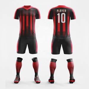 Uniforme de Fútbol Personalizado Unisex, Rojo y Negro a Rayas, Cuello en V, Manga Corta, Poliéster que Absorbe la Humedad, Impresión Digital, Cintura Elástica - Product Image 1