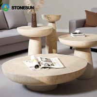 Table basse ronde en pierre solide convertible en travertin beige StoneSun, durable, pour salon moderne et luxueux