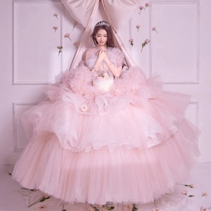 Pink Tulle Ball Gown Strapless Empire Waist Wedding Dress For Studio Photo Shoots - Product Image 4