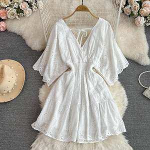 Blanc/violet/bleu col en V été nouvelle dentelle broderie robe femmes manches courtes robes femme Vintage fête plage robes mi-longues - Product Image 6