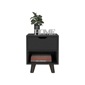 Modern Nightstand 19H Black Drawer <b>Open</b> Shelf Wooden Legs Bedroom <b>Storage</b> - Product Image 4