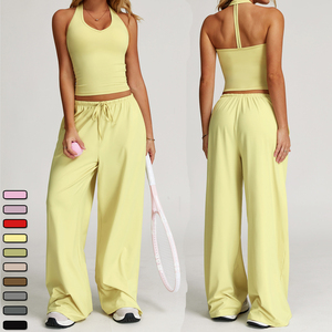 Venta al por mayor de ropa de las mujeres 2PCS Athleisure Chándales Mujeres de pierna ancha Pantalones sueltos Mujer Crop Top Conjuntos Traje Conjuntos Camiseta básica <span class=keywords><strong>Yoga</strong></span> - Product Image 6