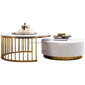 Luxury Round <b>Nesting</b> <b>Coffee</b> <b>Table</b> <b>Set</b> of 2 Sintered Stone Top Gold Stainless Steel Frame with Storage Drawer For Living Room - Product Image 3