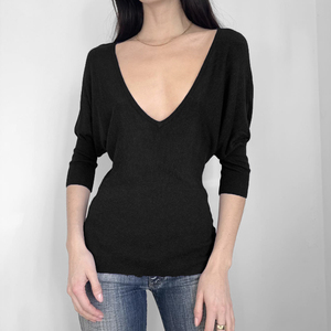 Camiseta de Punto de Color Sólido con Cuello en V para Mujer, Ajustada, de Manga Larga, Elástica, Informal, Estilo Urbano, de Moda - Product Image 1