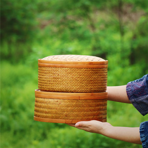 <b>Bamboo</b> Woven Storage Box Round Double Tier Handmade Kitchen Food <b>Container</b> - Product Image 1