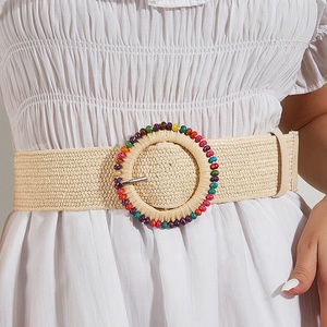 Venta al por mayor Boho elástico tejido PP cinturones <span class=keywords><strong>de</strong></span> paja para las mujeres vestido colorido madera con cuentas hebilla redonda <span class=keywords><strong>rafia</strong></span> cinturones <span class=keywords><strong>de</strong></span> cintura elásticos - Product Image 3