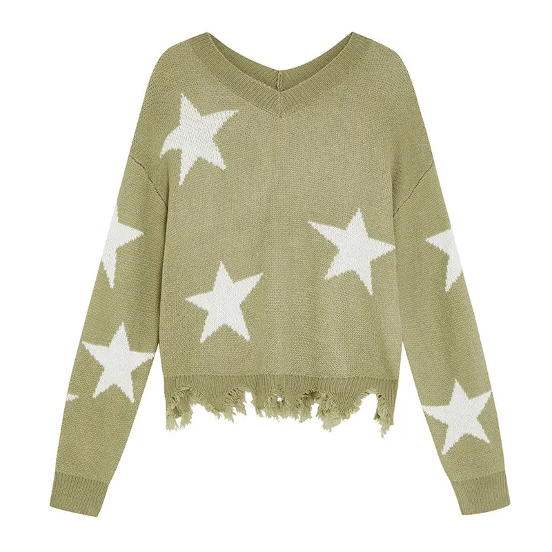 New fashion designer green five-pointed star pattern sweater Ladies fringe custom knit sweater