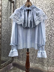 Camicie Blusa di Alta Qualità Nuovo Design Primavera 2026 da Donna con Ricamo in <span class=keywords><strong>Pizzo</strong></span> Patchwork Maniche a Campana Beige <span class=keywords><strong>Blu</strong></span> in Seta e Cotone - Product Image 3