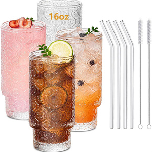 Vaso de vidrio apilable de 11 oz con diseño acanalado vertical, tapa y pajita, reutilizable para zumos, ideal para el hogar, cafeterías y venta al por mayor. - Product Image 3