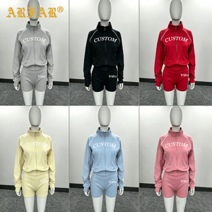 Custom Logo Y2K Tracksuits Contrast <strong>Stitching</strong> Zip up Long Sleeve Crop <strong>Top</strong> Jogger Shorts Summer 2 Piece Lounge Sports Set Women - Product Image 2