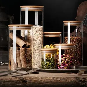 Custom Large Kitchen Food Spice High Borosilicate Glass Container Storage Jars With Bamboo Lids