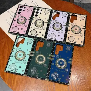Luxury Square Phone Case For Samsung Galaxy S22 S23 Plus S24 Ultra Bling Bling Lucky Ring Holder Plastic Shockproof Cover