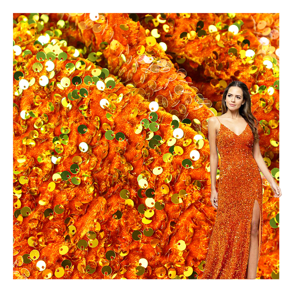 Hot Sale Stock Shiny Orange Glitter Sequin Lace Fabric Stretch Sequin Velvet Fabric For Fashion Dress