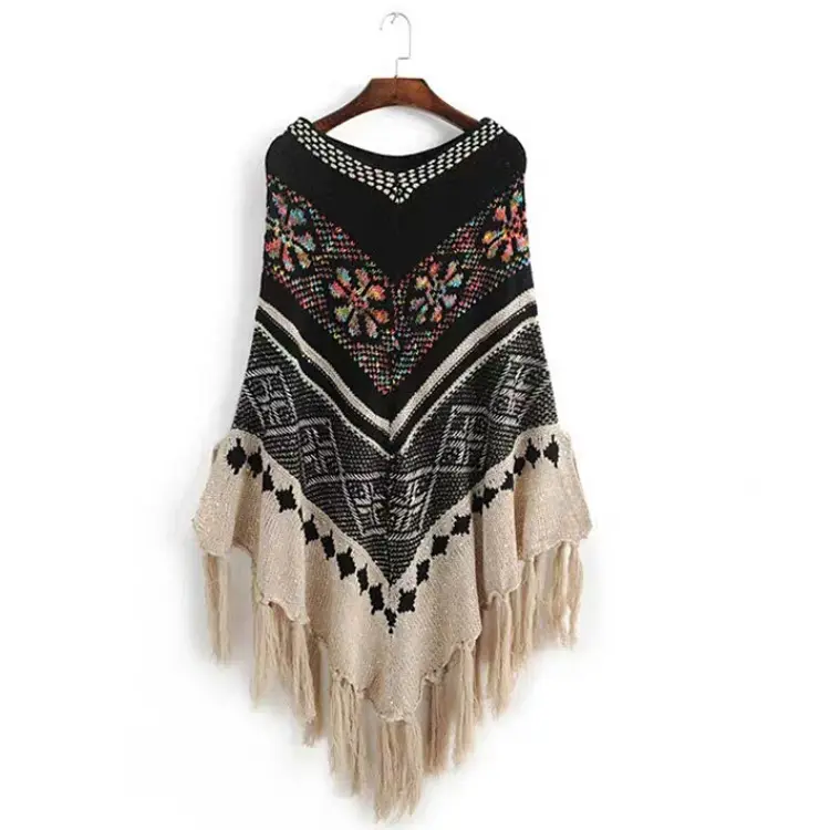 Poncho con frange messicane con scollo a v e scollo a v in maglia con frange di paillettes colorate in stile etnico