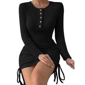 Vestido de Suéter Casual de Verano para Mujer, Cuello Redondo, Sexy, a Rayas, de Punto, con Encaje Floral, Largo Midi, Servicio OEM Personalizable para la Moda de Otoño - Product Image 2