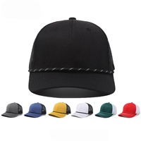 Gorra de béisbol vintage lisa de 6 paneles con visera curva, bordado de logotipo personalizado, malla de cuerda y cierre snapback tipo trucker con cuerda de tono secundario