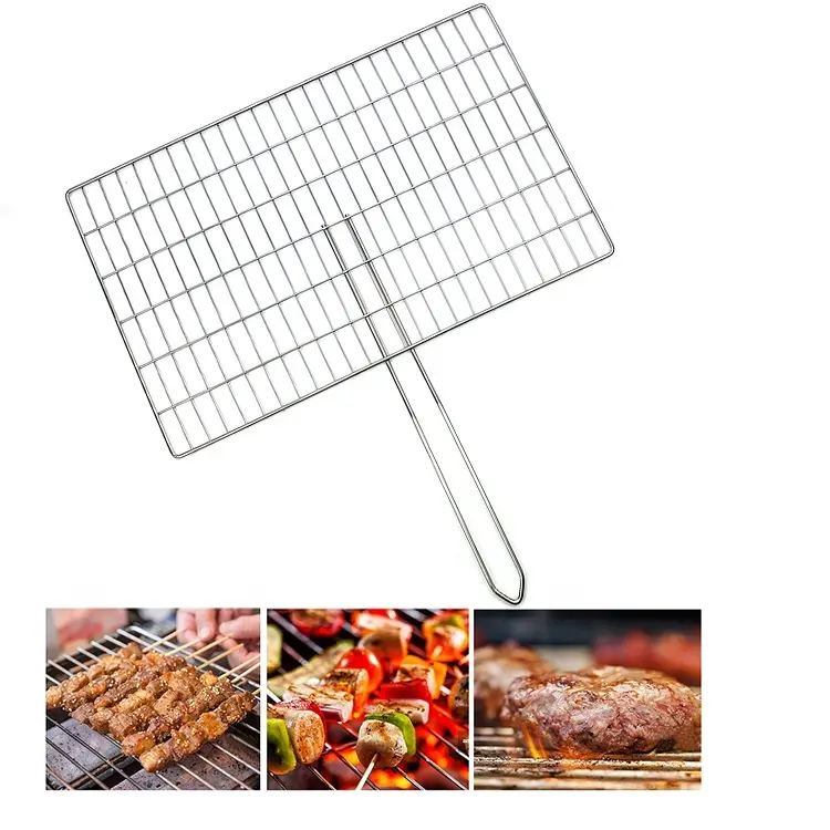 Hot sale BBQ mesh grill barbecue grid net for vegetables meat seafood baking roasting grilling cooling with holding handle