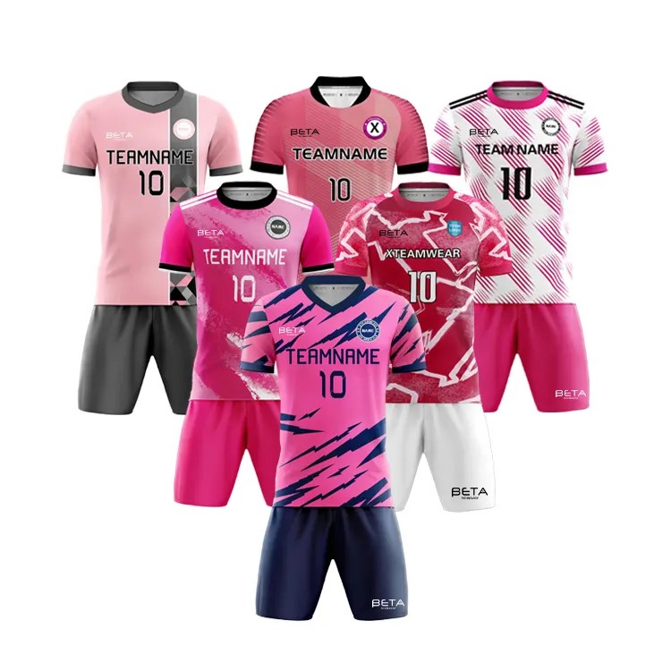 เสื้อยืดพิมพ์ลายสำหรับผู้ชายเสื้อยืดฟุตบอลทีมฟุตบอลสีชมพูแบบสั่งทำเสื้อยูนิฟอร์มฟุตบอลสำหรับเด็ก