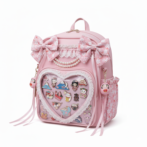 Tas Ransel Ita <span class=keywords><strong>Bag</strong></span> Gaya Lolita Kulit PU Pink Unik dengan Motif Pita dan Hati untuk Streetwear dan Cosplay - Product Image 1