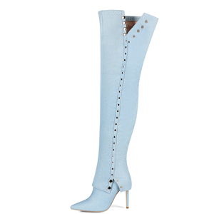 Botas Altas de Mujer Talla Grande 47, Botines Largos de Mezclilla con Tacón Delgado, Botas Sexys con Botones Metálicos, Zapatos de Tacón de Aguja de Ajuste Ancho - Product Image 5