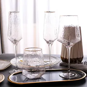 Wholesale Luxury Hexagon Crystal Glass Gold Rimmed Wine Goblet Hammered Diamond Red Wine Champagne Glasses