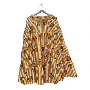 Jupe trapèze pour femme à taille élastique, imprimé citron rayé, en mousseline, longueur mi-mollet, style Prairie Chic, pour l'été - Product Image 1