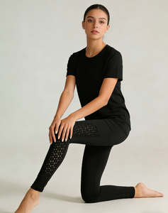 Women's High Waist <b>Black</b> Leggings with Floral Lace <b>Side</b> Panels - Stretchy Casual Pants for Daily Wear - Product Image 3