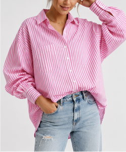Chemisier décontracté rose rayé à boutons pour femme, manches longues bouffantes, coupe ample en popeline de coton, OEM ODM - Product Image 1
