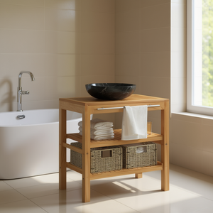 Meuble de salle de bain en teck massif avec vasque en marbre noir, design moderne, style contemporain, finition claire, sur pied - Product Image 2