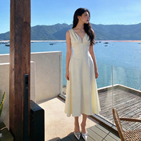ZYHT 8020 Robe d'été élégante style Hepburn, petite robe blanche, col en V, sans manches, taille ajustée, ourlet évasé, longueur mi-longue
